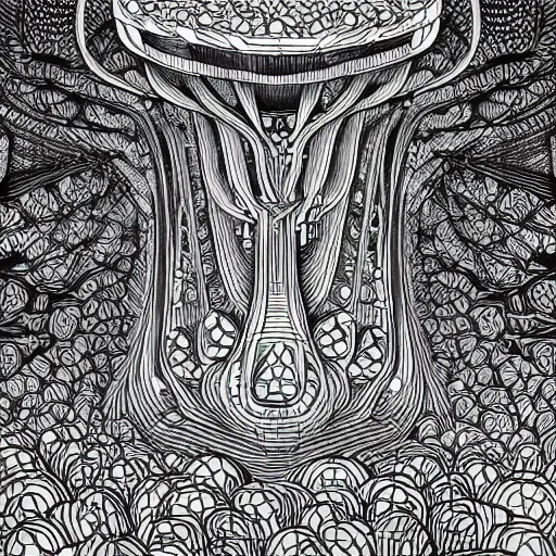 Image similar to Geometrically surreal mushroom city, extremely high detail, photorealistic, intricate line drawings, dotart, album art in the style of James Jean