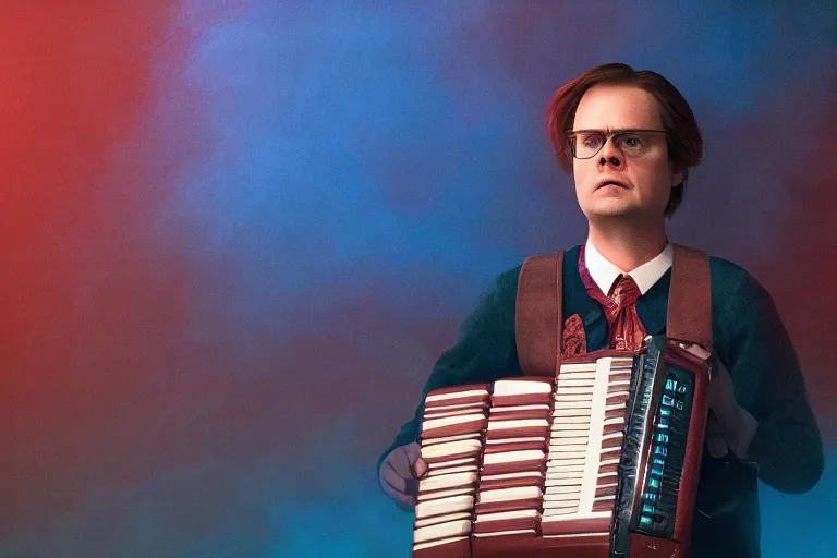 Prompt: dwight schrute playing the accordion with a vengance, dramatic scene, heavy blue fog, red lightning, ultra wide angle, movie still, photorealistic, stranger things, netflix, upside - down, colorful lighting, grainy, aerial shot, shot from above, movie still