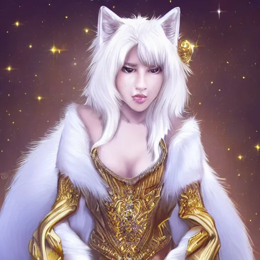 Image similar to commissioned full body portrait of a female anthro furry wolf headed princess fursona with white hair wearing a white and gold armored dress in a white and gold palace, by Wlop and jerry park, artstation, extremely detailed