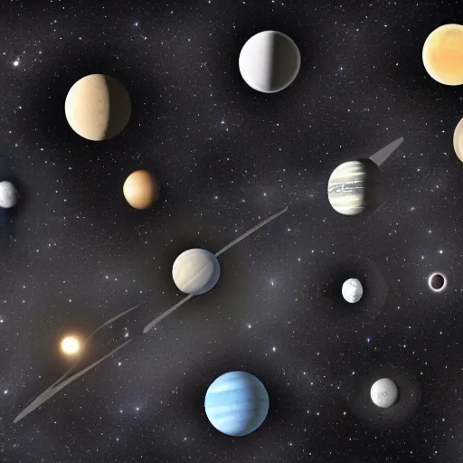 Prompt: gray planet in space orbited by hundreds of moons, bohr model, orbiting, moons