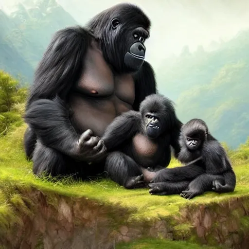 Prompt: Very furry Mountain Gorillas relaxing with their adorable gorilla babies, by Greg Rutkowski and Thomas Kinkade, trending on artstation 4k.