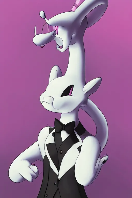 Image similar to mewtwo furry wearing a top hat and suit, highly detailed, digital art, sharp focus, ambient glow, trending on art station, anime art style