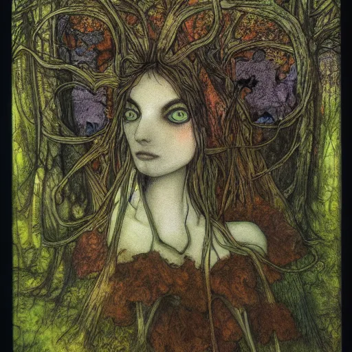 Prompt: portrait of a dryad in a forest of autumn maples by brian froud dark mysterious, filtered evening light