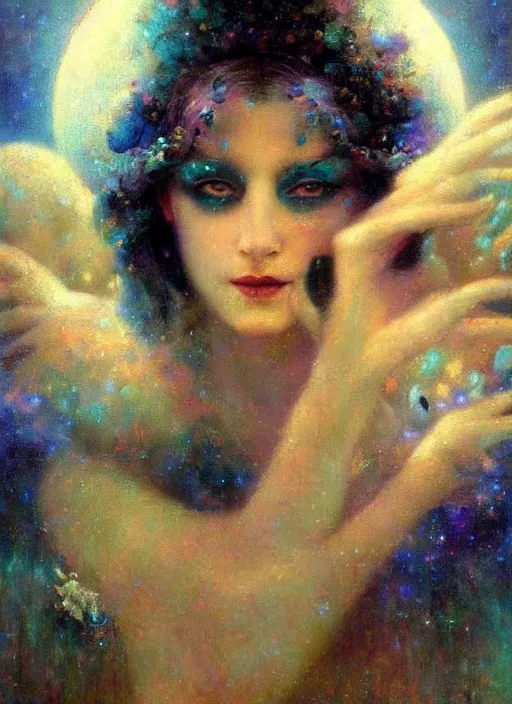 Prompt: surrealism, abstract, witch, portrait, close - up, make up, full big moon, painting by gaston bussiere and albuquerque, soft light