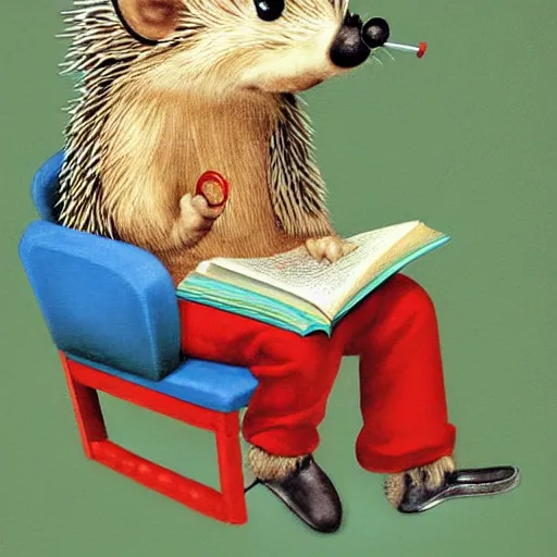 Prompt: intellectual hedgehog, smart hedgehog, hedgehog with glasses, hedgehog with pipe, sitting in chair, reading a book, clean, cute, bright colors, clear lines, painted by mary jane ansell