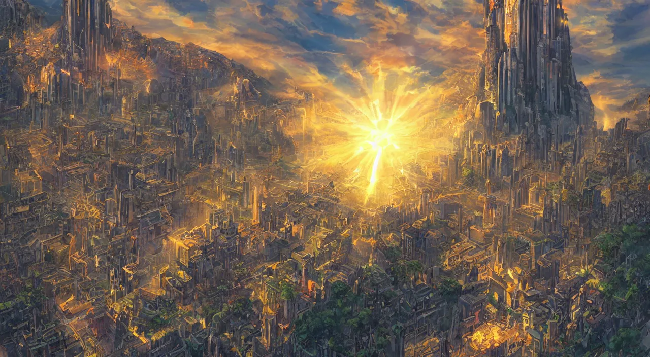 Prompt: fortress accadamy of tower cristal a spectacular view cinematic rays of sunlight comic book illustration, by john kirby