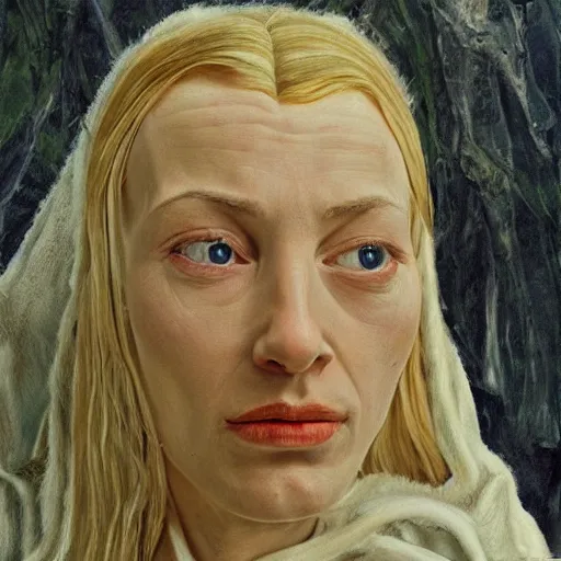 Image similar to high quality high detail painting by lucian freud, hd, galadriel from lord of the rings