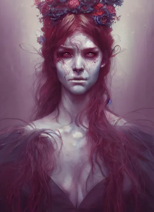 Prompt: portrait of a zombie ; by james jean, charlie bowater, tom bagshaw, nikolay makovsky, melanie delon : : enchanting, colorful, ethereal, portrait, character design, illustration, hyperrealism, photorealism, digital art, concept art, fantasy, weta, wlop