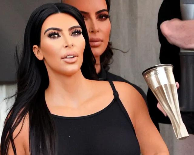 Image similar to Kim Kardashian's head peeking out of a giant espresso cup