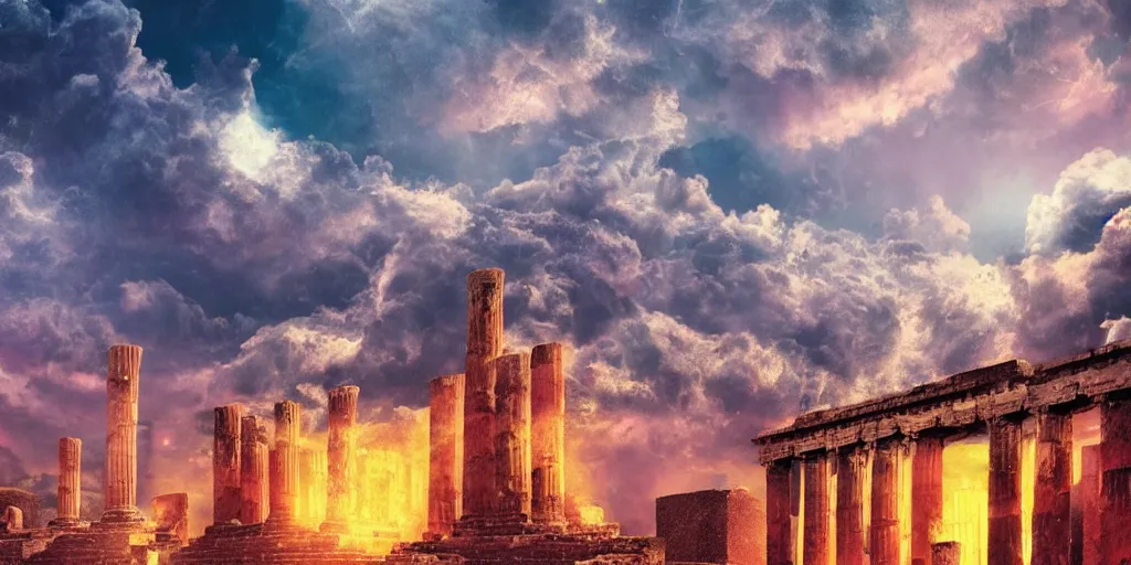 Prompt: [ palate ] [ nebulous energy ] [ muted neon colors ] pompeii temple, paisley cloud pattern, god at the gate, award winning composition, vibrant neon nebulous clouds, symmetrical details, hyper realistic illustration, radiant light rays, photorealistic illustration, intricate and fine details, volumetric lighting, artstation