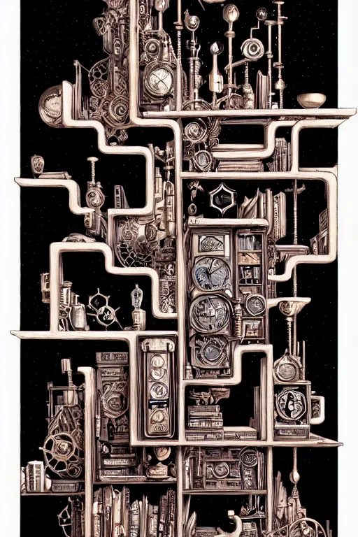 Image similar to a majestic steampunk alchemists bookshelf, two point perspective, furniture, high details, bold line art, by vincent di fate and joe fenton, inking, etching, screen print, masterpiece, trending on artstation, sharp, high contrast, hyper - detailed,, hd, 4 k, 8 k