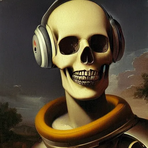 Image similar to a painting by Thomas Cole of a vaporwave robot skull wearing headphones highly detailed chromatic 3d rendering from 1996