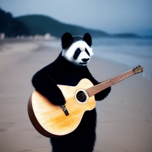 Prompt: photo of a fuzzy panda wearing a cowboy hat and black leather jacket playing a guitar on a beach cinestill, 8 0 0 t, 3 5 mm, full - hd