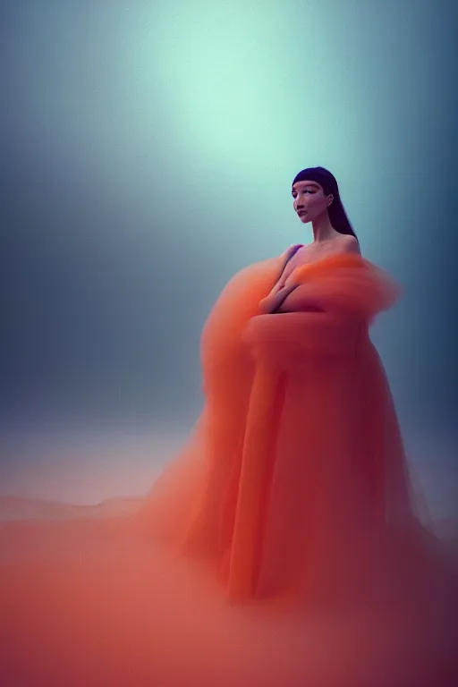 Prompt: a model wearing haute couture from chanel in an environment envisioned by killian eng and moebius, macro photography, long exposure photograph, surrealism, anamorphic bokeh, cozy, soft light, orange and teal, caustic, atmospheric fog, octane render, cinematic