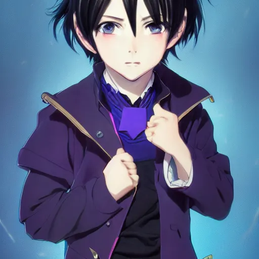 anime boy with black hair and purple eyes