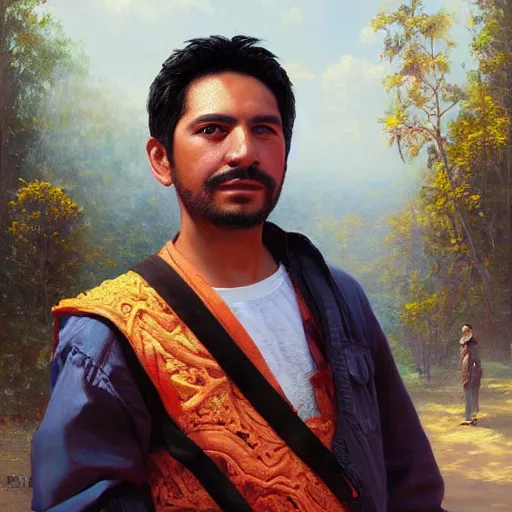 Image similar to portrait of a mexican man ( 3 5 ) from mexico in 2 0 2 1, an oil painting by ross tran and thomas kincade