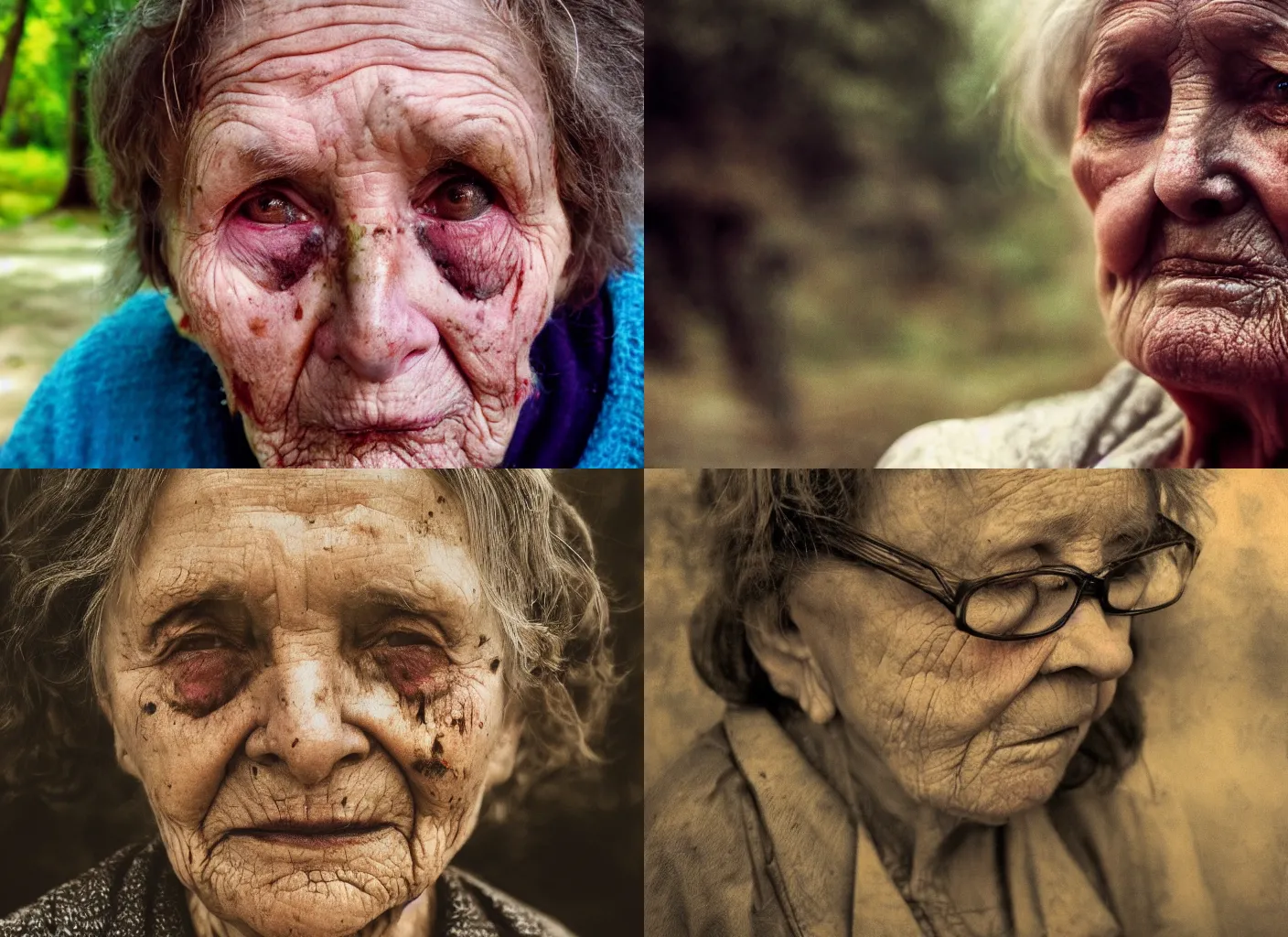 Prompt: medium close up portrait of an old woman with a strict face and dirty clothes, forrest in the background, depth of field, blurred background, utopian, dramatic lighting, vivid, saturated, matte painting, concept art