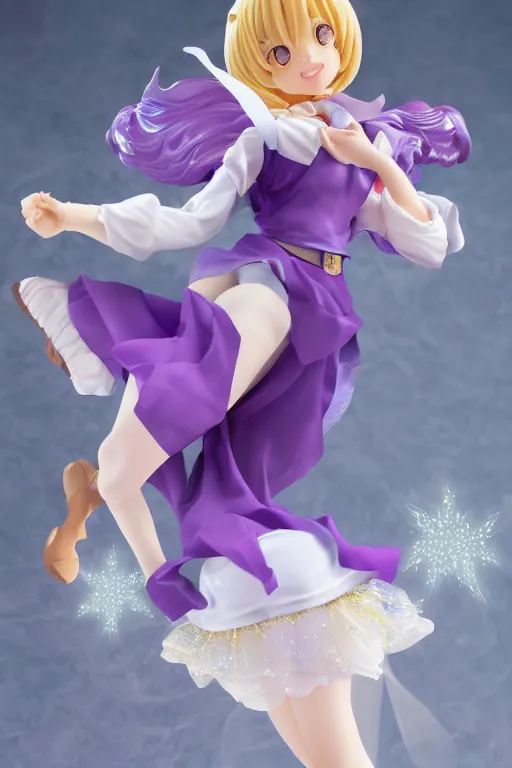 Image similar to A GoodSmile anime figure of a cute magical girl with short blonde hair wearing purple short puffy pants, an oversized beret, white tights covered in stars, and a long billowing scarf. Short hair. Dynamic Rhythmic gymnastics poses. intricate details, realistic, Hyperdetailed, 8k resolution, intricate art nouveau, Octane Render. Ami Ami.