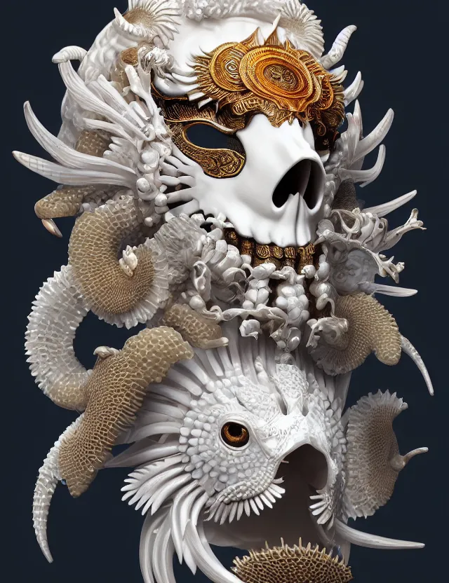 Prompt: 3 d goddess close - up profile portrait ram skull. beautiful intricately detailed japanese crow kitsune mask and clasical japanese kimono. betta fish, jellyfish phoenix, bio luminescent, plasma, ice, water, wind, creature, artwork by tooth wu and wlop and beeple and greg rutkowski