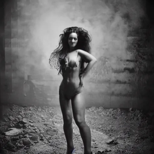 Prompt: close portrait of bikini model in Victorian era boiler room, coal dust, lomo