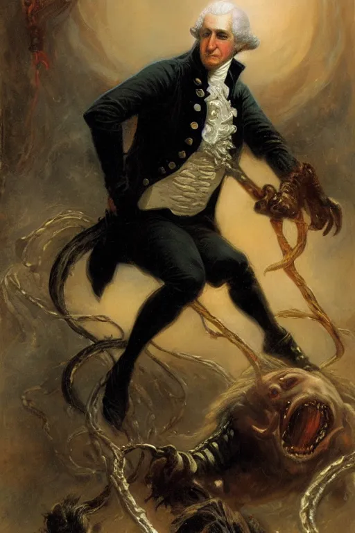 Prompt: george washington infected by the venom symbiote. art by gaston bussiere.