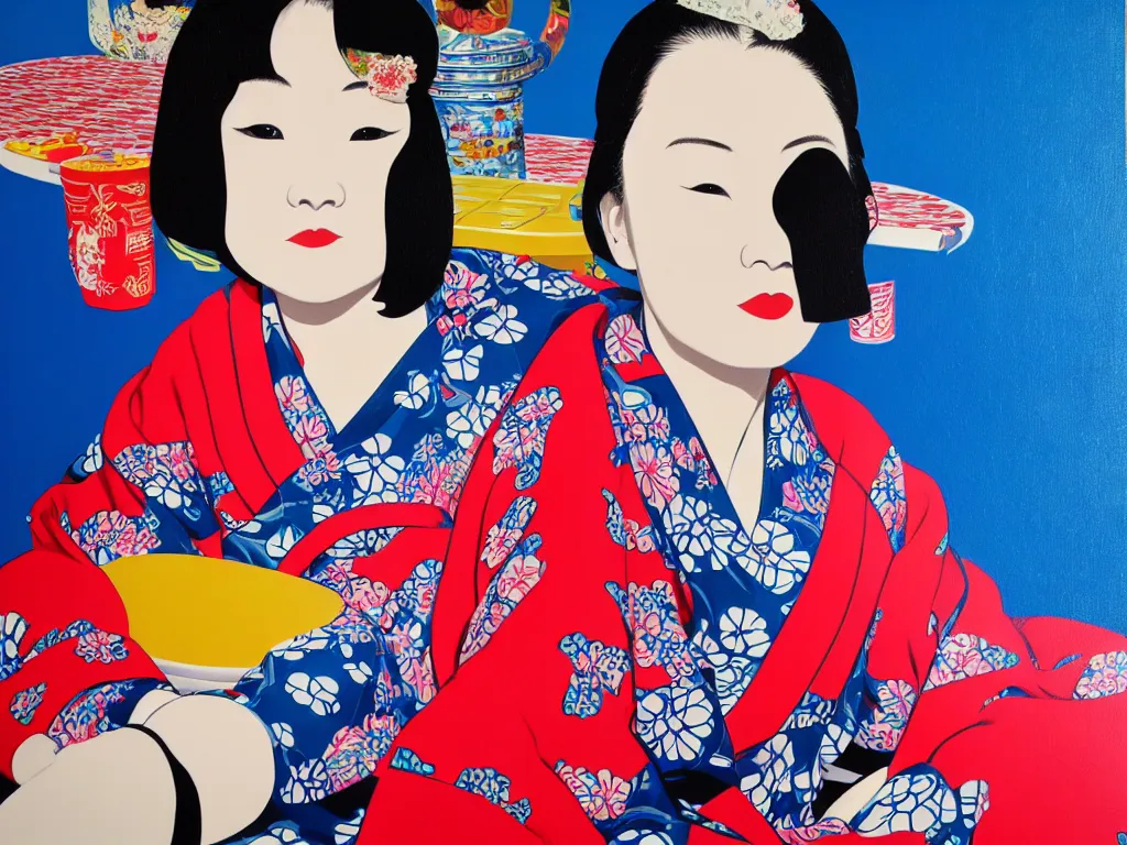 Image similar to hyperrealism composition of the detailed woman in a japanese kimono sitting at a poker table with darth vader, fireworks, waves in the ocean with mountains in the background, pop - art style, jacky tsai style, andy warhol style, acrylic on canvas