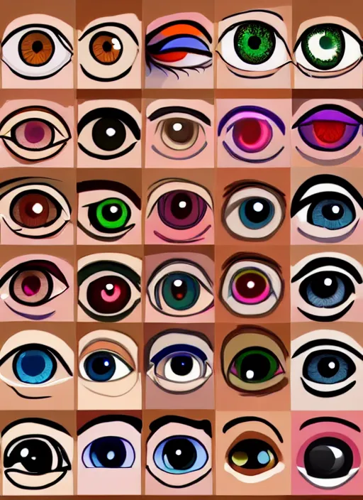 Prompt: diverse eyes!, dot pupils, vitals visualiser!!, advanced art, art styles mix, from wikipedia, grid of styles, various eye shapes