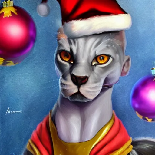 Image similar to an oil painting of a beerus the god of detruction wearing a christmas hat, by artgerm, hd, hdr, ue 5, ue 6, unreal engine 5, realistic 3 d style, cinematic 4 k wallpaper, 8 k, ultra detailed, gta 5 cover art, high resolution, artstation, award winning