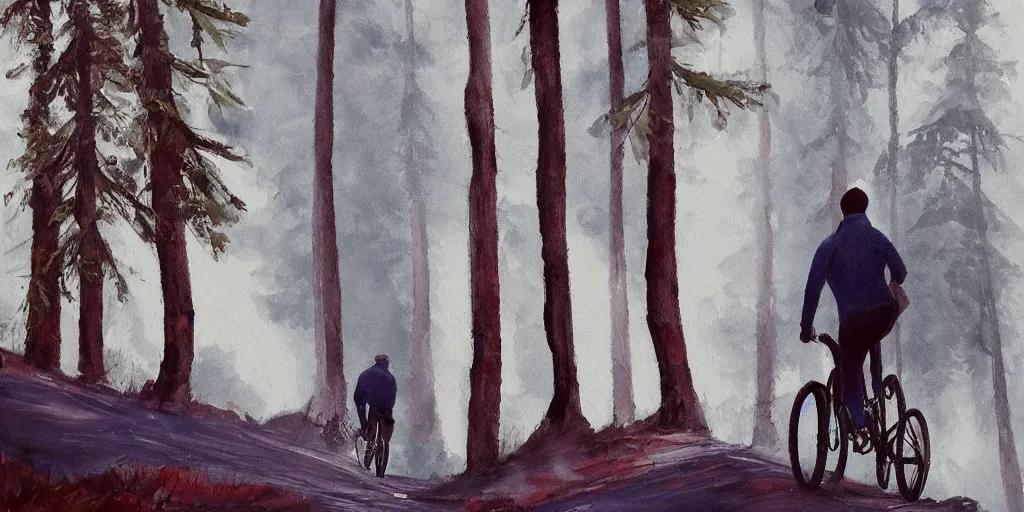 Prompt: Exact two men biking alone up a steep forest hill. One with a deep dark blue sweater and the other with a wine red sweater. sweaty. Oil painting. Emotional. Trending on artstation. Steep. Nordic Trees. Rustic. Artistic.