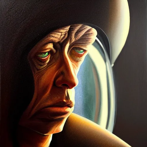 Prompt: stunning painting of wise man looks at mirror and see himself as an alien by concept art, character art, sci - fi, masterpiece, ultra detailed face and eyes, weird objects, cinematic, sharp focus, centered, 8 k hd resolution