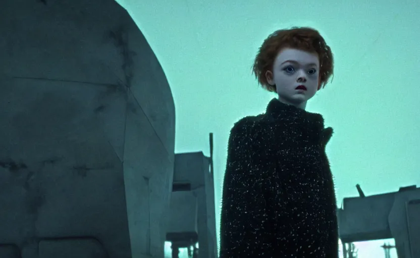 Prompt: sadie sink with spiky short hair in oversized man's coat : a still from a scifi soviet cyberpunk film from 1 9 8 0 s. by steven spielberg and james cameron. 6 5 mm low grain film stock. sharp focus, realistic facial expression, perfect anatomy, global illumination, radiant light, detailed and intricate environment, trending on artstation