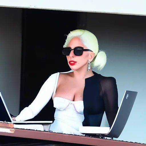 Prompt: Lady Gaga riding inside of a ferry works on a laptop writing code