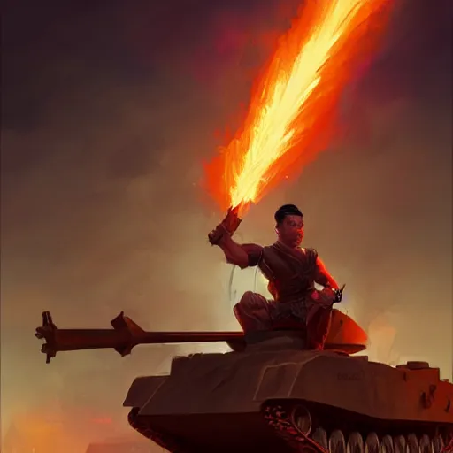 Image similar to side profile of a filipino man sitting on a tank wielding a scepter, highly detailed, d & d, fantasy digital painting, trending on artstation, concept art, sharp focus, illustration, volumetric light, intricate, matte, art by artgerm and greg rutkowski