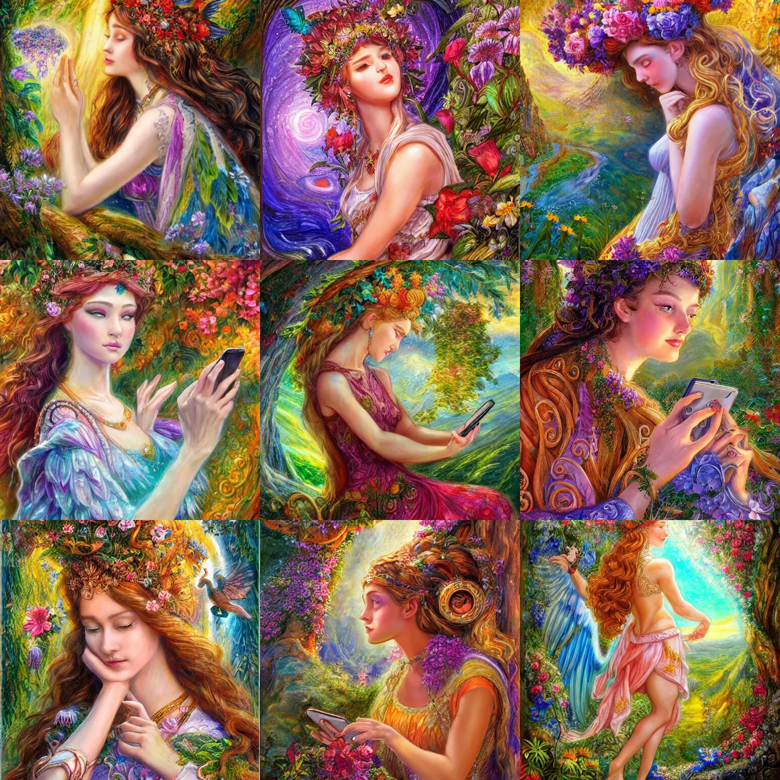 Prompt: nature goddess watching too much tiktok on her phone by senior concept artist josephine wall, trending on artstation