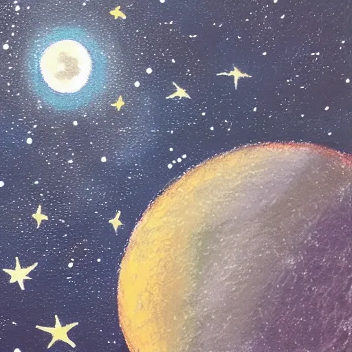 Prompt: an oil pastel painting of the close up bright detailed moon surrounded by black sky and small speckled stars photo realistic light and detail