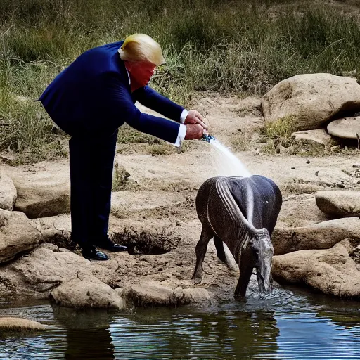 Prompt: national geographic professional photo of trump drinking from a watering hole, award winning