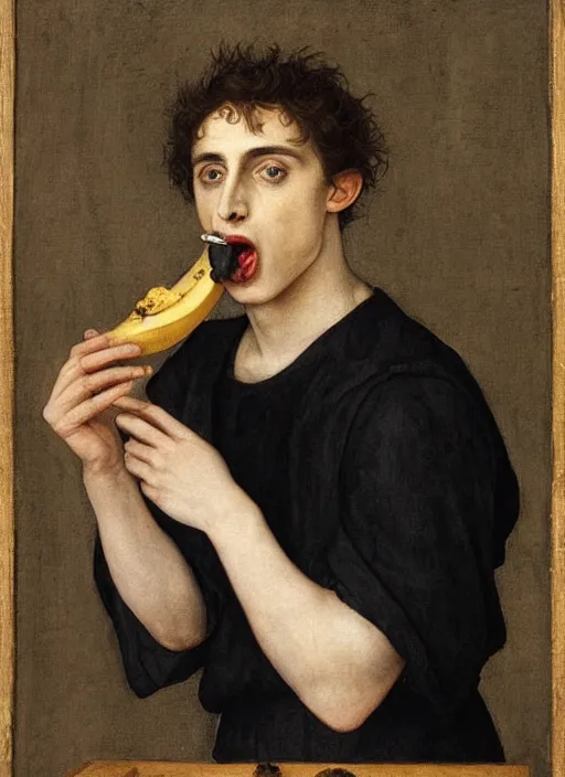 Image similar to (((( a painting of a Timothee Chalamet EATING an BANANA, a character portrait by Dürer, behance, pre-raphaelitism, da vinci,y pre-raphaelite, detailed painting“