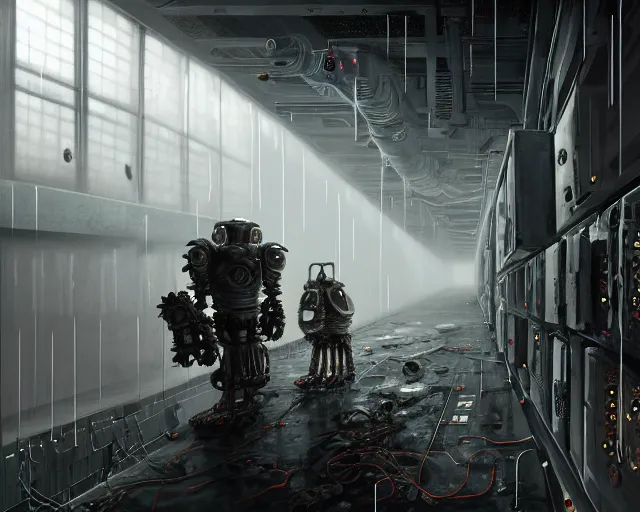 Image similar to robo in gloomy ruined server room in datacenter robot painting concept art of automata rusty steel robot knight colossus welder pacing mono eyed, sharp focus, emitting diodes, smoke, artillery, sparks, racks, motherboard, by pascal blanche rutkowski repin artstation hyperrealism detailed matte painting, 4 k resolution blade runner