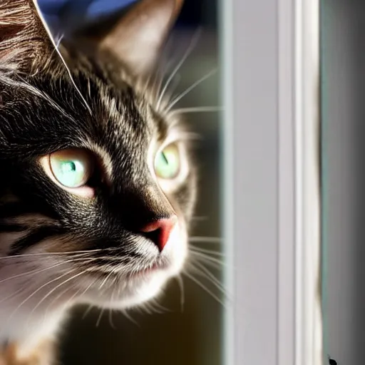 Image similar to A beautiful photo of a cat looking out of the window at night,It has big blue eyes , Photography , Long-range shots