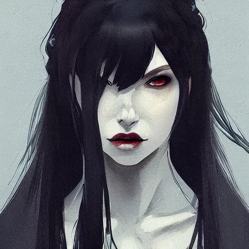 Image similar to female human vampire witch in the style of greg rutkowski, makoto shinkai, trending on artstation, character design, concept art, pretty face, highly detailed, long black hair, portrait, digital art