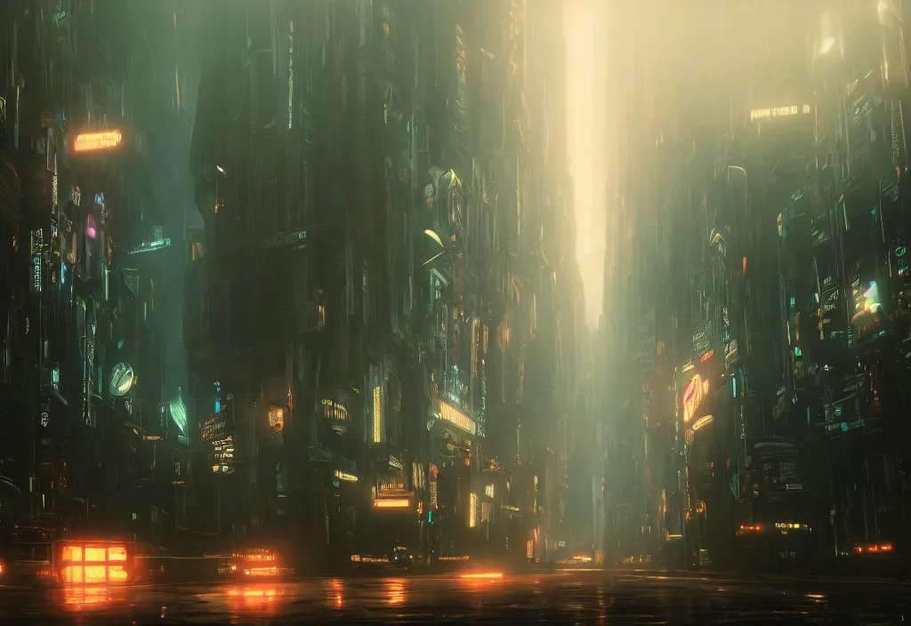 Image similar to a dramatic epic ethereal stunning beautiful and insanely detailed matte painting of a Blade Runner movie still, lens flares, atmospheric and vaporwave composition, digital art by John Martin and Simon Stalenhag, winning-award masterpiece, fantasy, octane render, 8K HD Resolution, High quality image