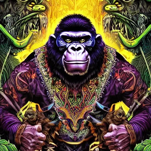 Prompt: barong family, jim carrey, wiwek, mara demon, one single tribe member, jungle, one single mask, dark, ancient warrior, grumpy gorilla, violence blood, tribal, inner glow, art by dan mumford and justin gerard