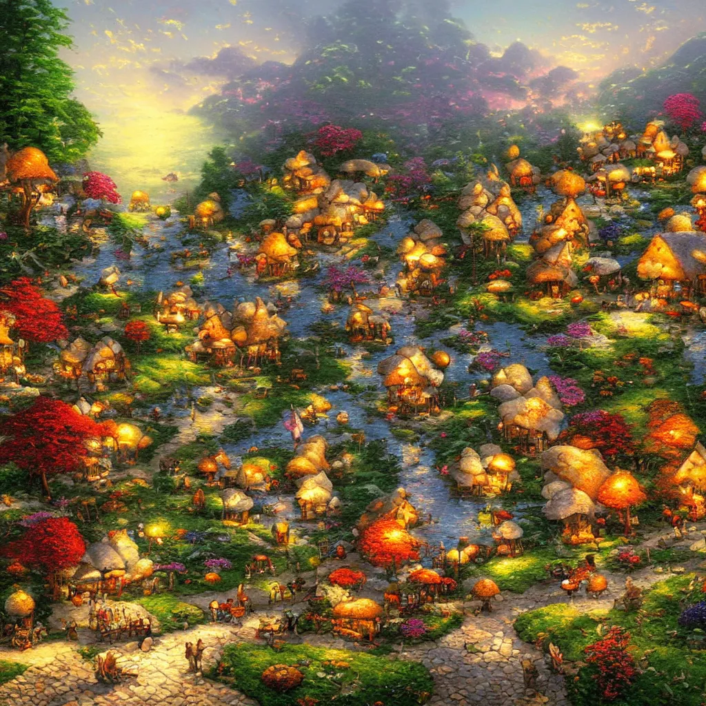 Prompt: mushroom village, painting by thomas kinkade