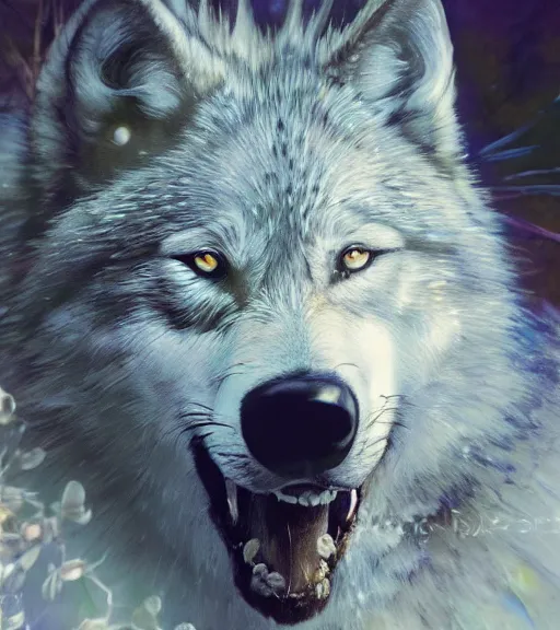 Prompt: wolf hyperrealistic portrait, surrounded by silver wires, dripping moonstone and white nightshade flowers, moonlit, cool toned, by jeremy mann and alphonse mucha, fantasy art, photo realistic, dynamic lighting, artstation, poster, volumetric lighting, dramatic light, very detailed faces, 8 k, award winning