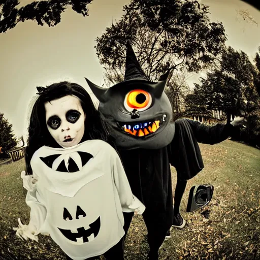 Image similar to A selfie of a woman trick or treating with a demon, fisheye lens photography, with a spooky filter applied, with a figure in the background, in a Halloween style.