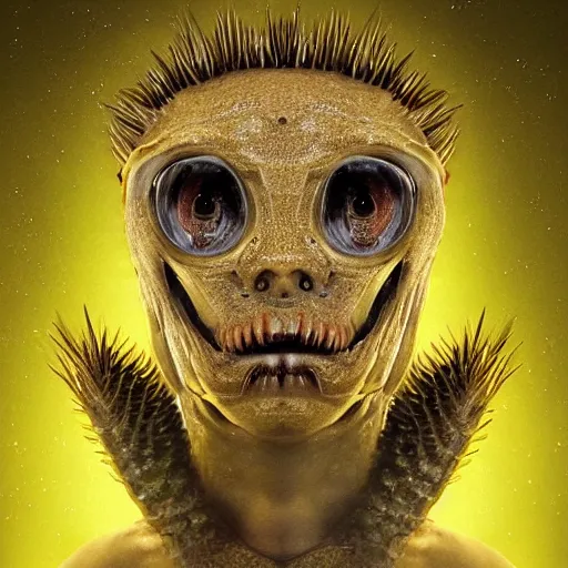 Image similar to a sentient alien from a newly discovered planet. angular jaw, open mouth, large canine teeth and it's throat is covered in spiny hairs, it's smooth bioluminescent skin is splattered by brown freckles on its cheeks, middle aged, hunter gatherer, portrait photograph, beautiful, poster, hyperrealistic