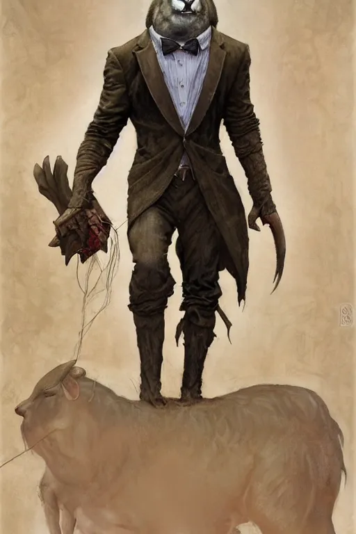 Image similar to full length portrait of a minotaur wearing a suit by greg rutkowski and rick berry and norman rockwell and everett raymond kinstler and greg staples and nc wyeth, artstation creature
