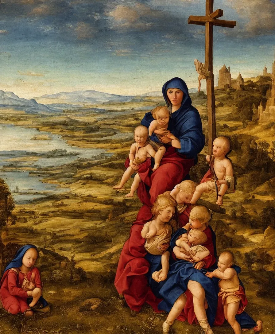 Prompt: One Madonna and two small boys sitting, dried out meadow, cross, religious, lake, mountains, medieval european town in background, close up, a lot of nature, in the style of Raffael, oil painting, Italian Renaissance