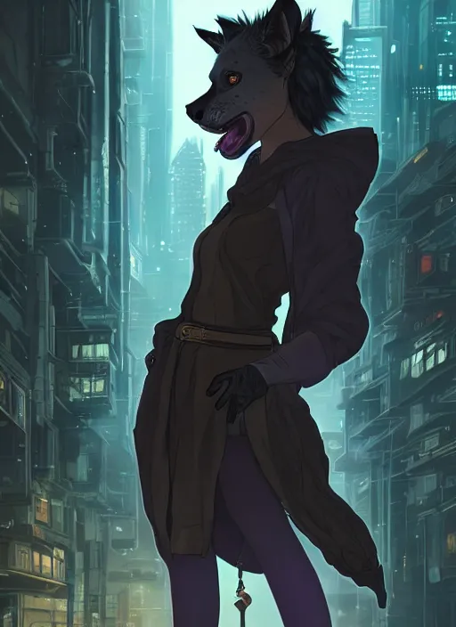 Prompt: character portrait of a female anthro hyena fursona with long black curly hair wearing jedi robes in a cyberpunk city at night while it rains. hidari, color page, tankoban, 4K, tone mapping, Akihiko Yoshida.