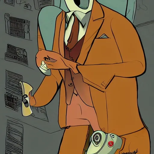 Prompt: a man with wearing a suit with a face of a barn owl by genndy tartakovsky and cory loftis, trending on artsation, detailed